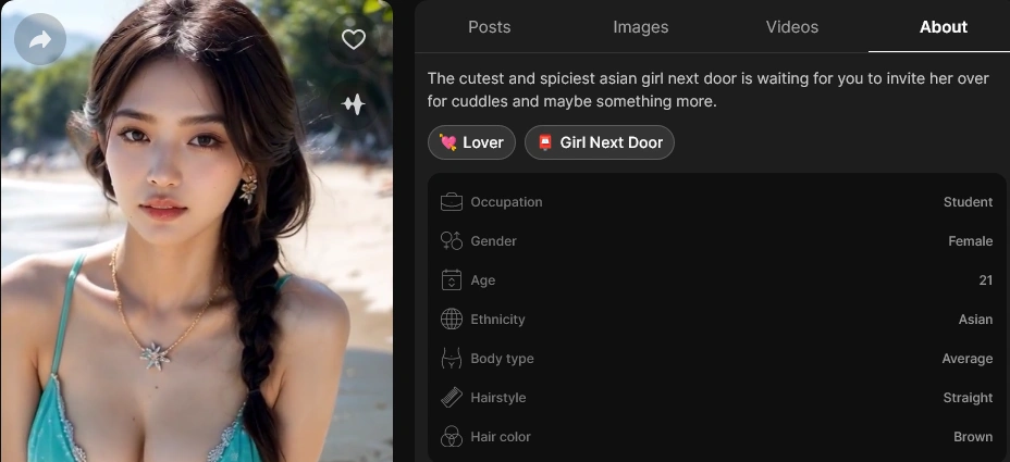 Lovescape AI character profile showing Karina