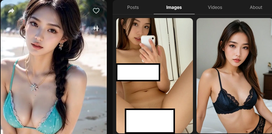 Lovescape AI image gallery showing uncensored content (censored for review)