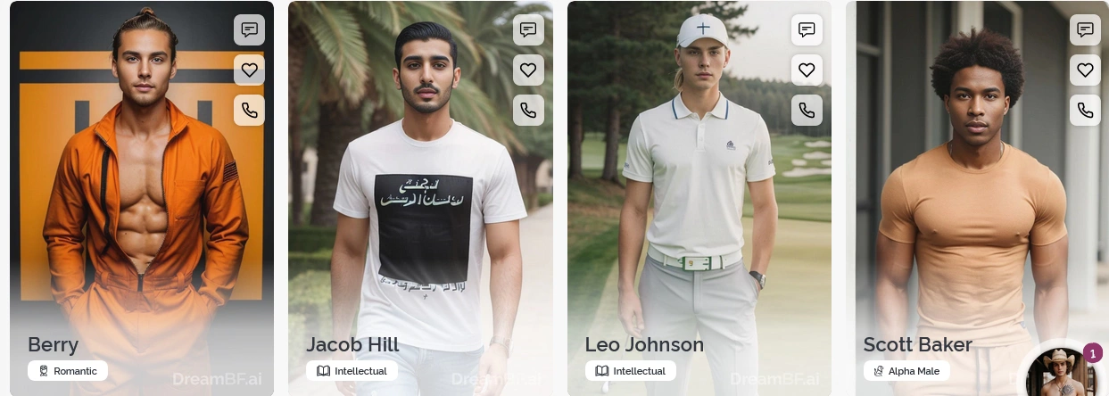 DreamBF AI boyfriend platform showing multiple male characters