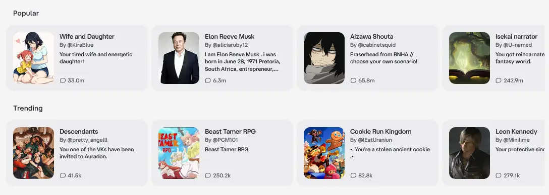 The trending chats on the Character AI homepage
