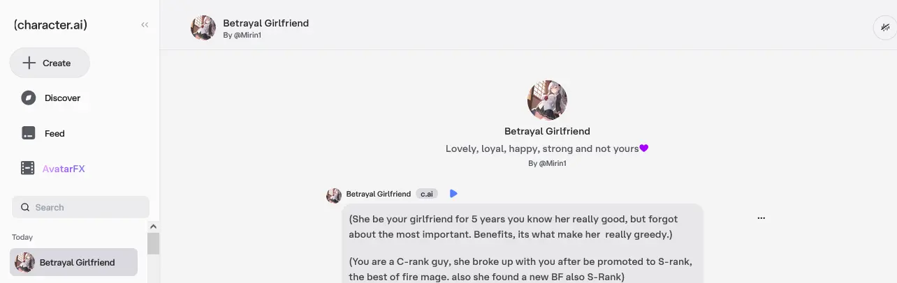 Chats such as Betrayal Girlfriend are the closest you can get to having an AI girlfriend on Character AI
