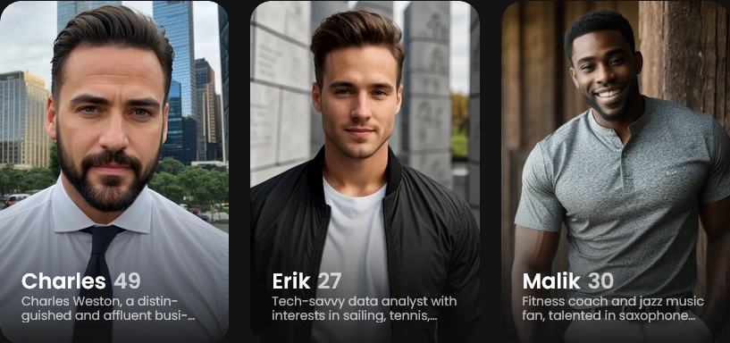 Three AI boyfriends from Candy AI platform