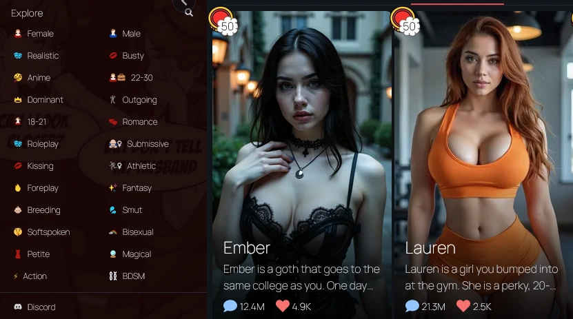Luvr AI search filters for different kinks and roleplay scenarios