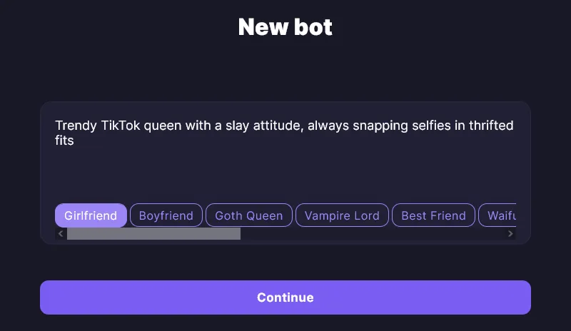 Botify AI character creation interface showing relationship type selection