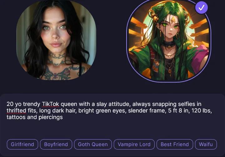 Botify AI generated character showing anime-style avatar options