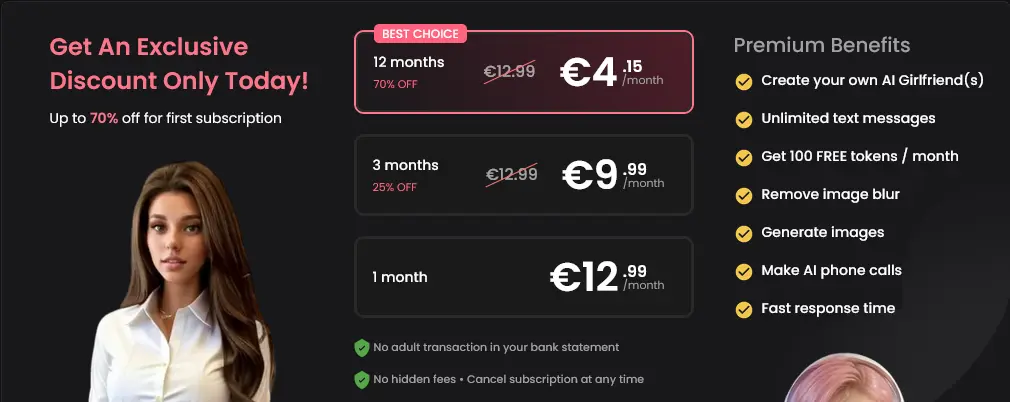 Candy AI pricing plans for monthly, quarterly, and annual Premium