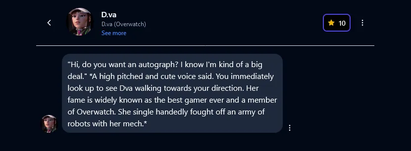 Charstar AI chat interface showing roleplay mechanics