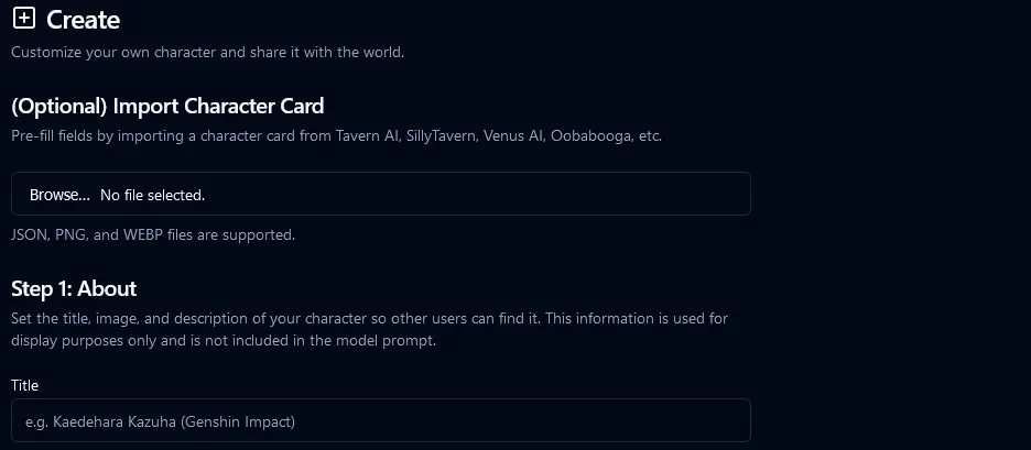 Charstar AI character creation interface