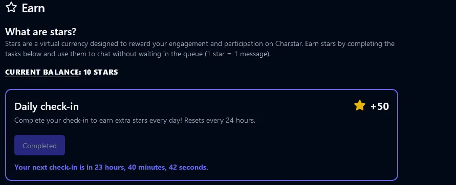 Charstar AI Stars earning system and missions