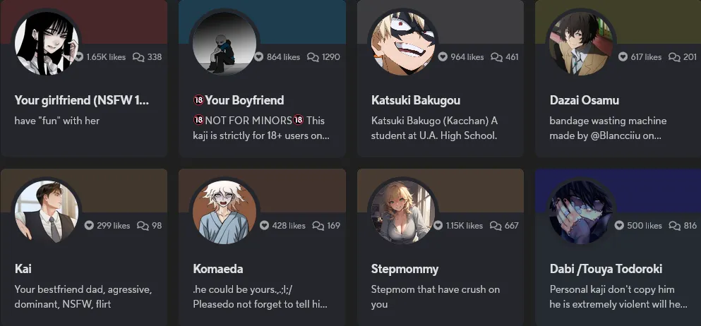 Kajiwoto, a Hentai AI website mainly based on community interactions.