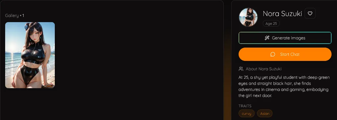 Each MyLovely AI character includes a bio and a selection of AI-generated images.