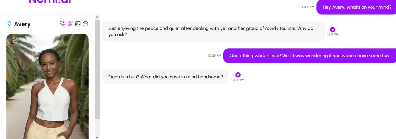 Operator AI conversation system with Nomi AI character Avery